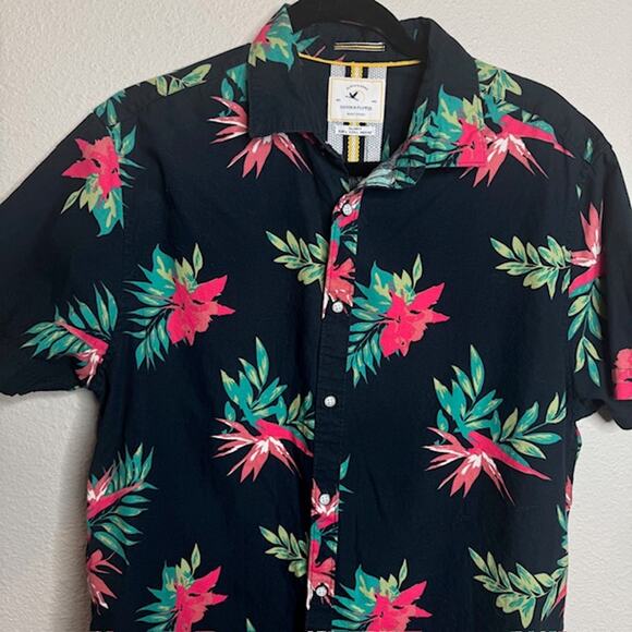 Denim & Flower Navy Button Up Floral Hawaiian Shirt Sz Large - Picture 2 of 10